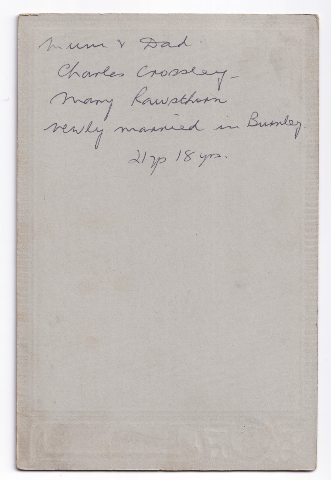 Cabinet Card: Cabinet Card: Burnley Interest, Charles Crossley, Mary Rawsthorn.: catalogue image 2