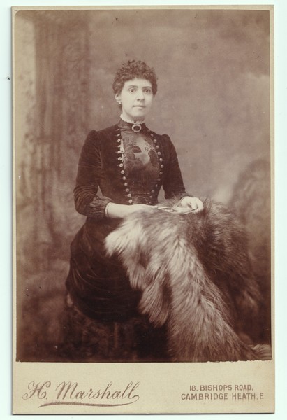 Cabinet Card: Cabinet Card: H. Marshall, Cambridge Heath, Woman with Fur Throw.: catalogue image 1