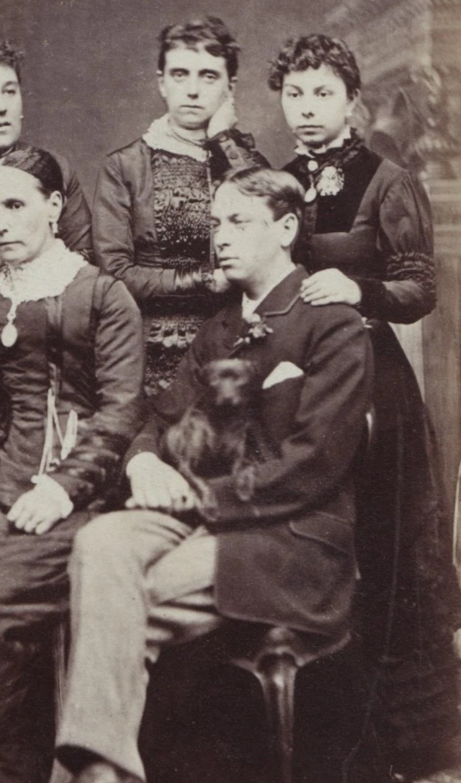 Cabinet Card: Cabinet Card: J . Wakeham, Devon. Family or Group of Friends. Men, Women, Dog.: catalogue image 4