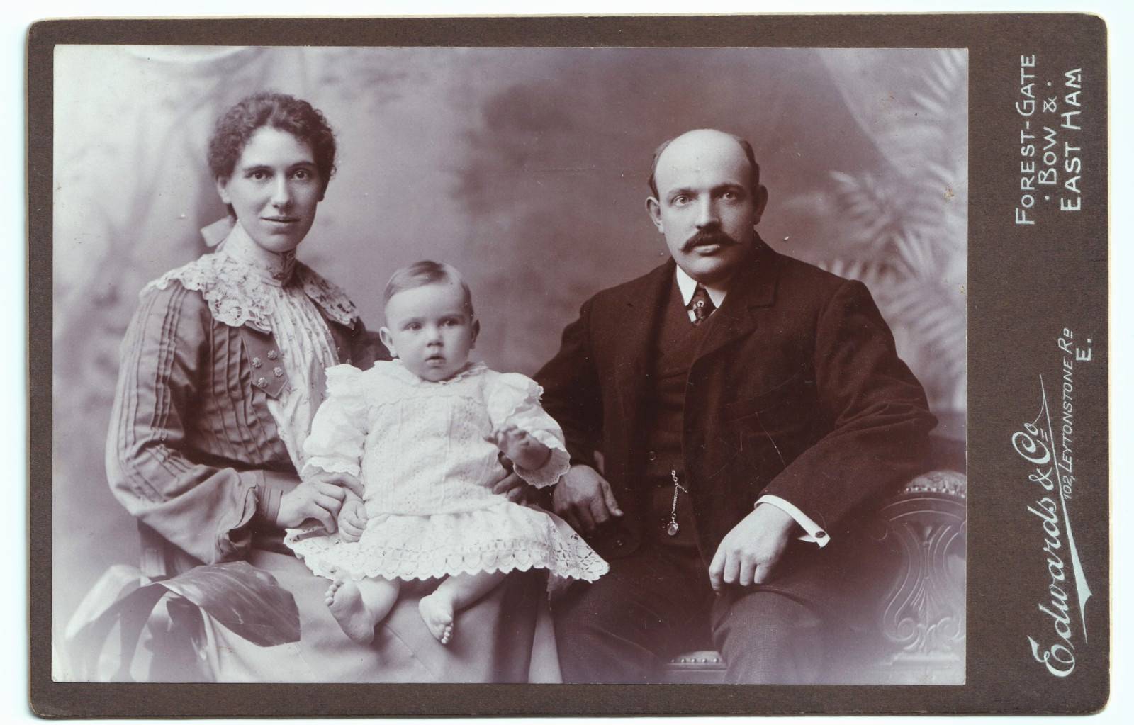 Cabinet Card: Cabinet Card: Man, Woman & Infant - Edwards & Co, Forest Gate, Bow & East Ham.: Edwards & Co: catalogue image 1