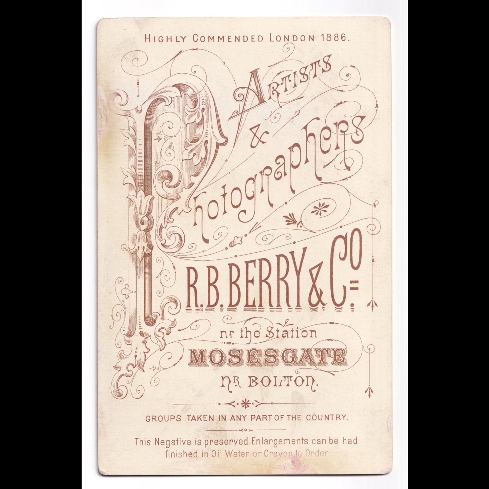 Cabinet Card: Cabinet Card, R.B. Berry & Co, Mosesgate, Nr. Bolton. Older Man and Woman.: catalogue image 6