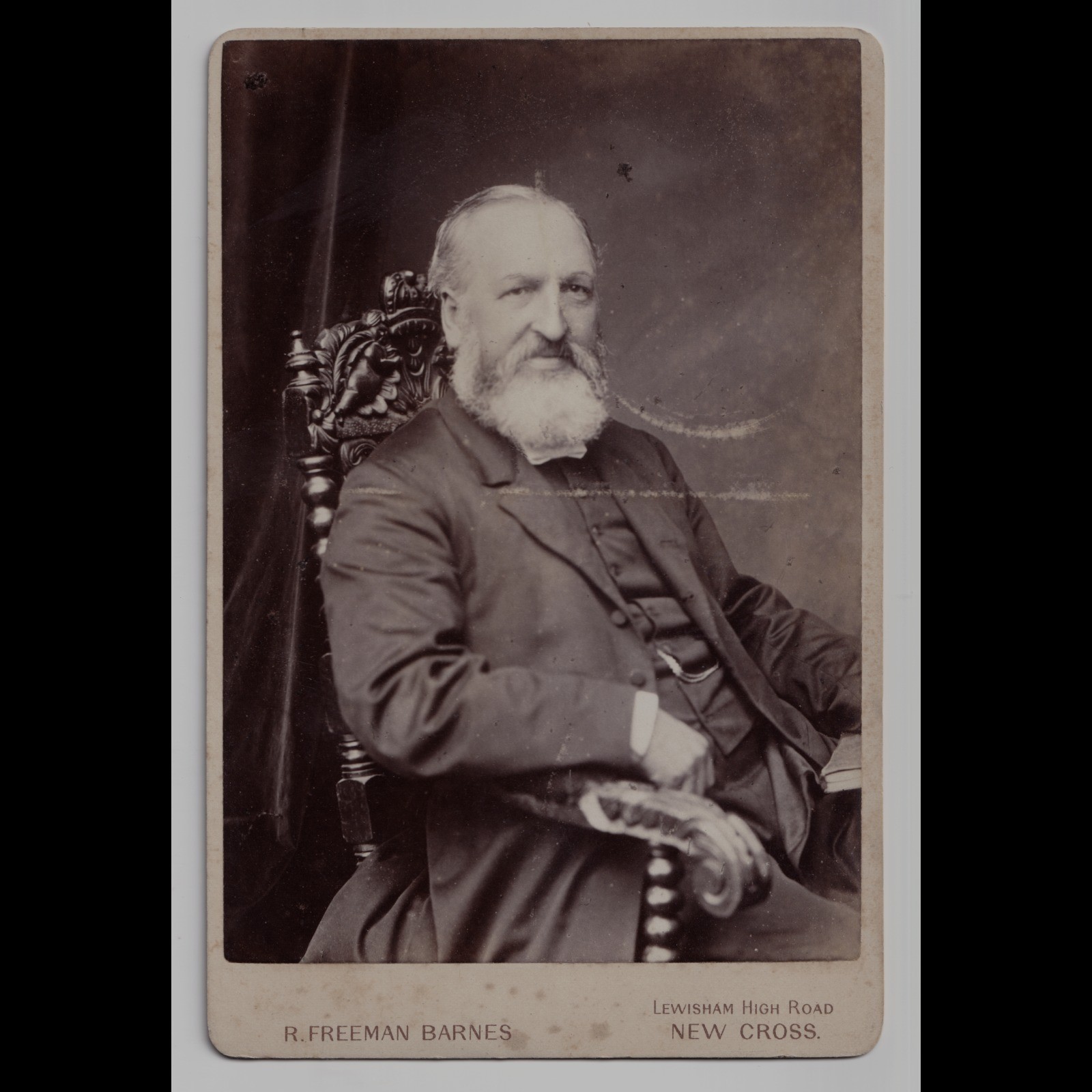 Cabinet Card: Cabinet Card: R. Freeman Barnes Card, New Cross. Bearded Man, Seated.: catalogue image 1