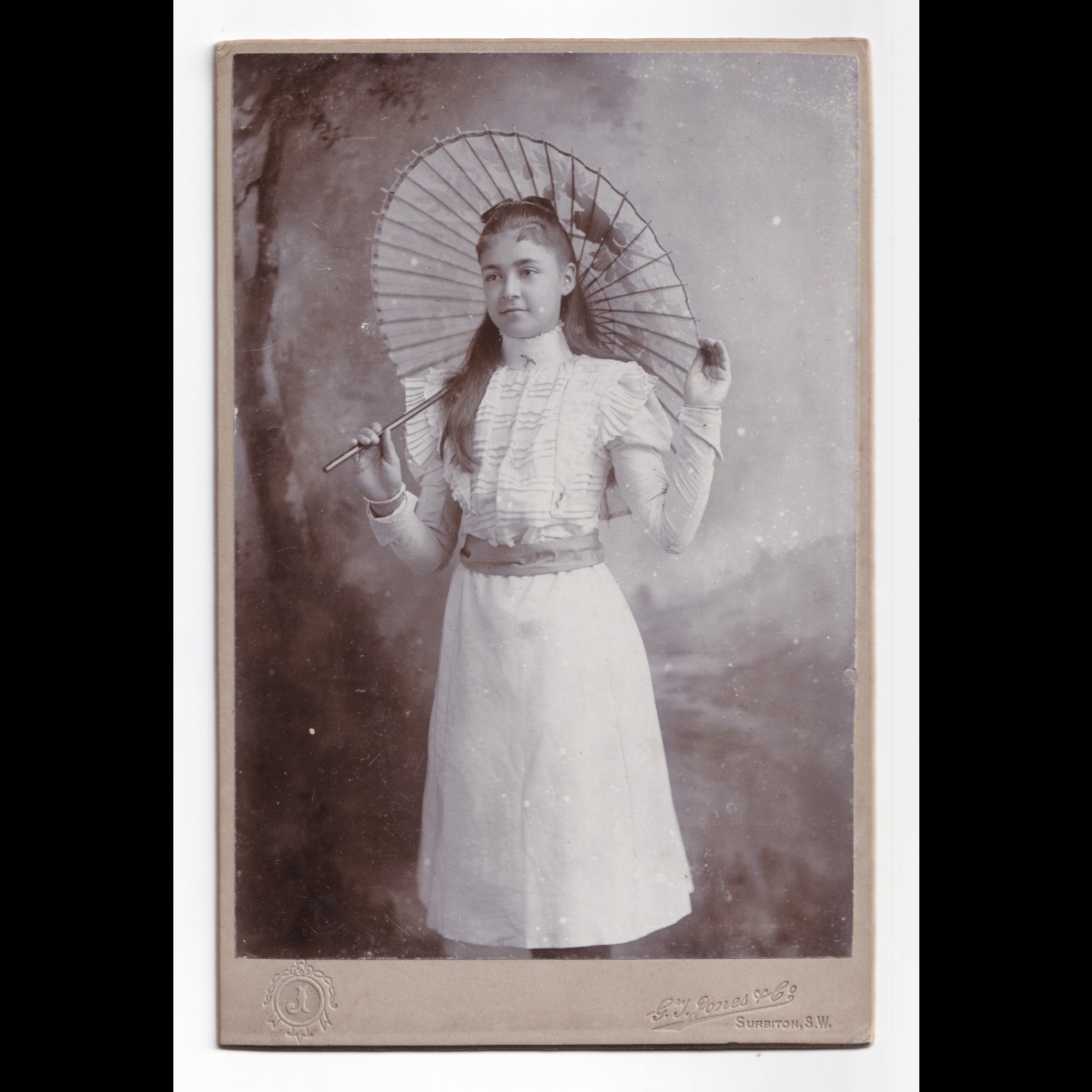 Cabinet Card: Cabinet Card: Young Female, Long Hair, Holding a Parasol. G.T Jones & Co Card.: catalogue image 1