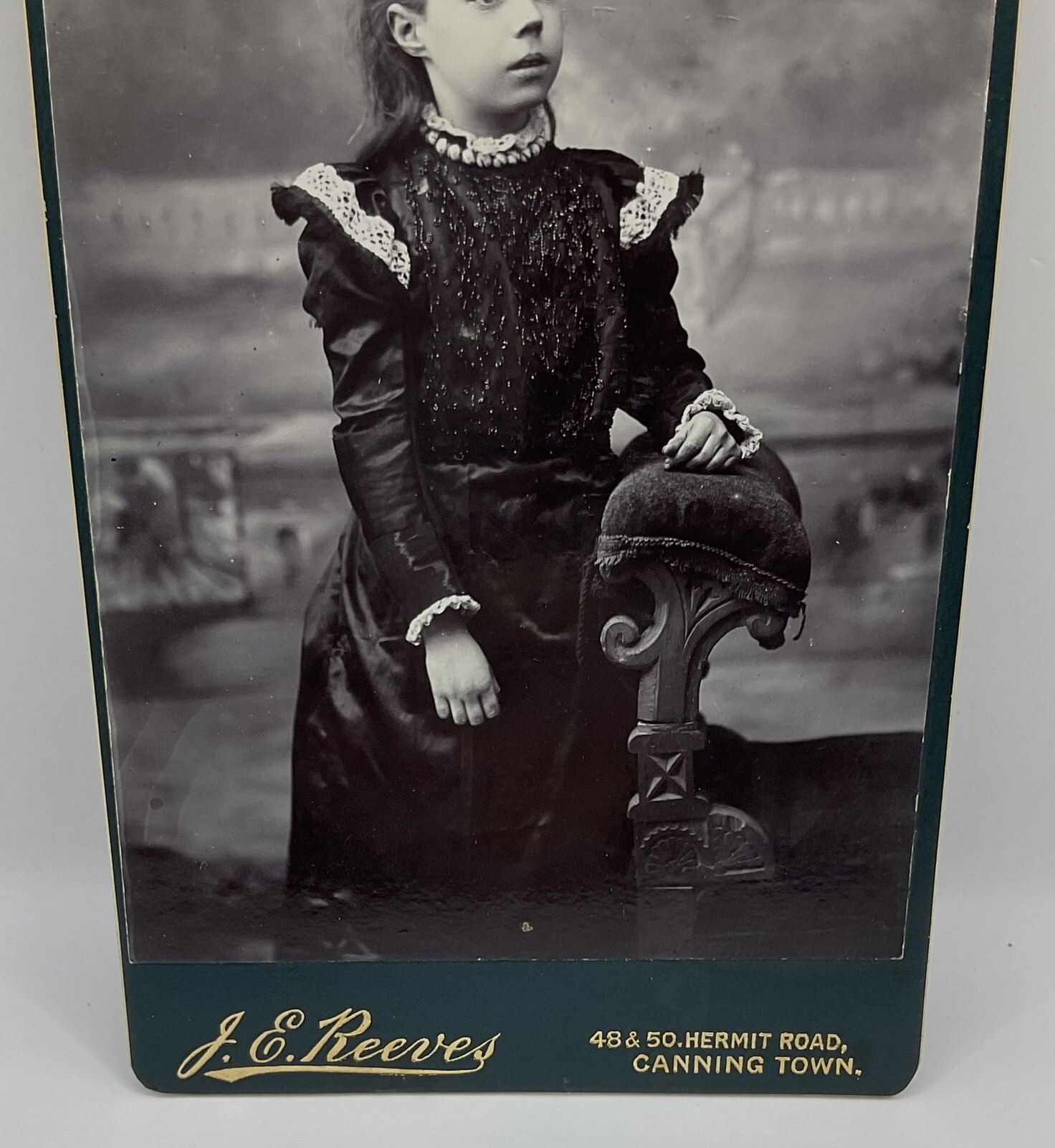 Cabinet Card: Cabinet Card: Young Girl in Dark Dress, White Trim. REEVES, Canning Town.: catalogue image 2