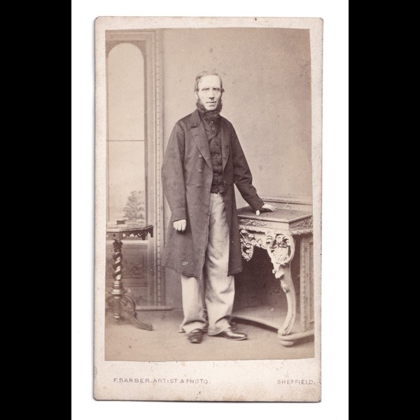 CDV: CDV: F. Barber, Sheffield Card. Bearded Man Stood Beside Ornate Desk.: F. Barber, Sheffield, Yorkshire: catalogue image 1