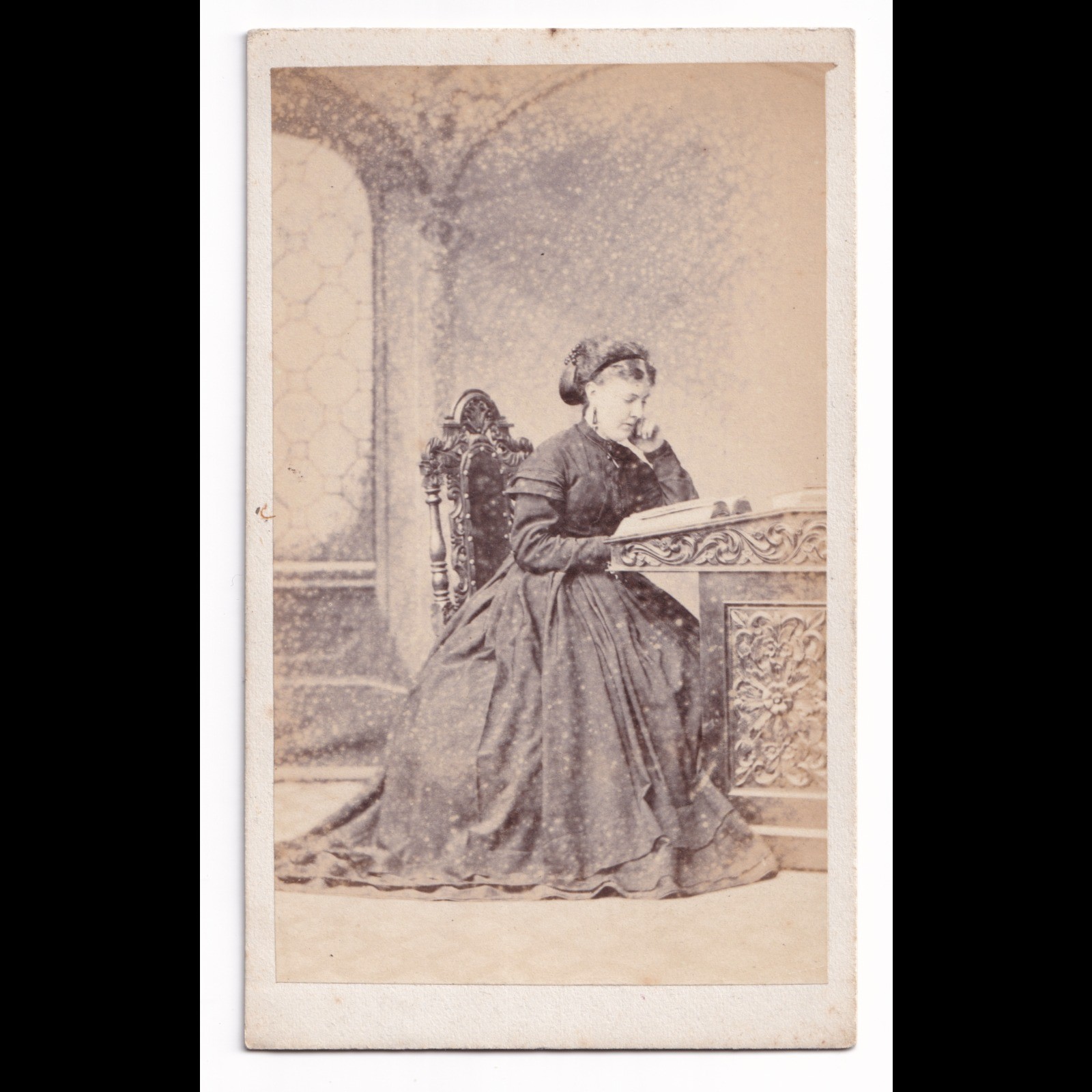CDV: CDV: Thomas Ayers Card, Yarmouth. Seated Woman, Full Dress, Reading. Ornate Desk: catalogue image 1