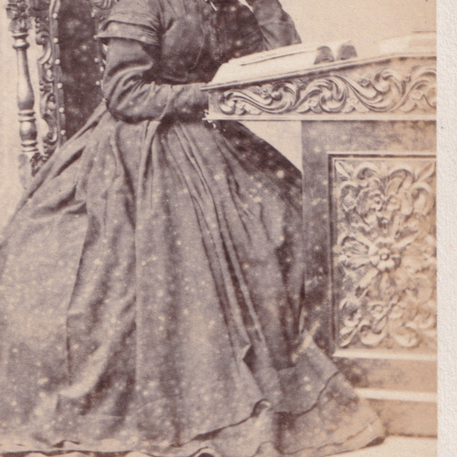 CDV: CDV: Thomas Ayers Card, Yarmouth. Seated Woman, Full Dress, Reading. Ornate Desk: catalogue image 4