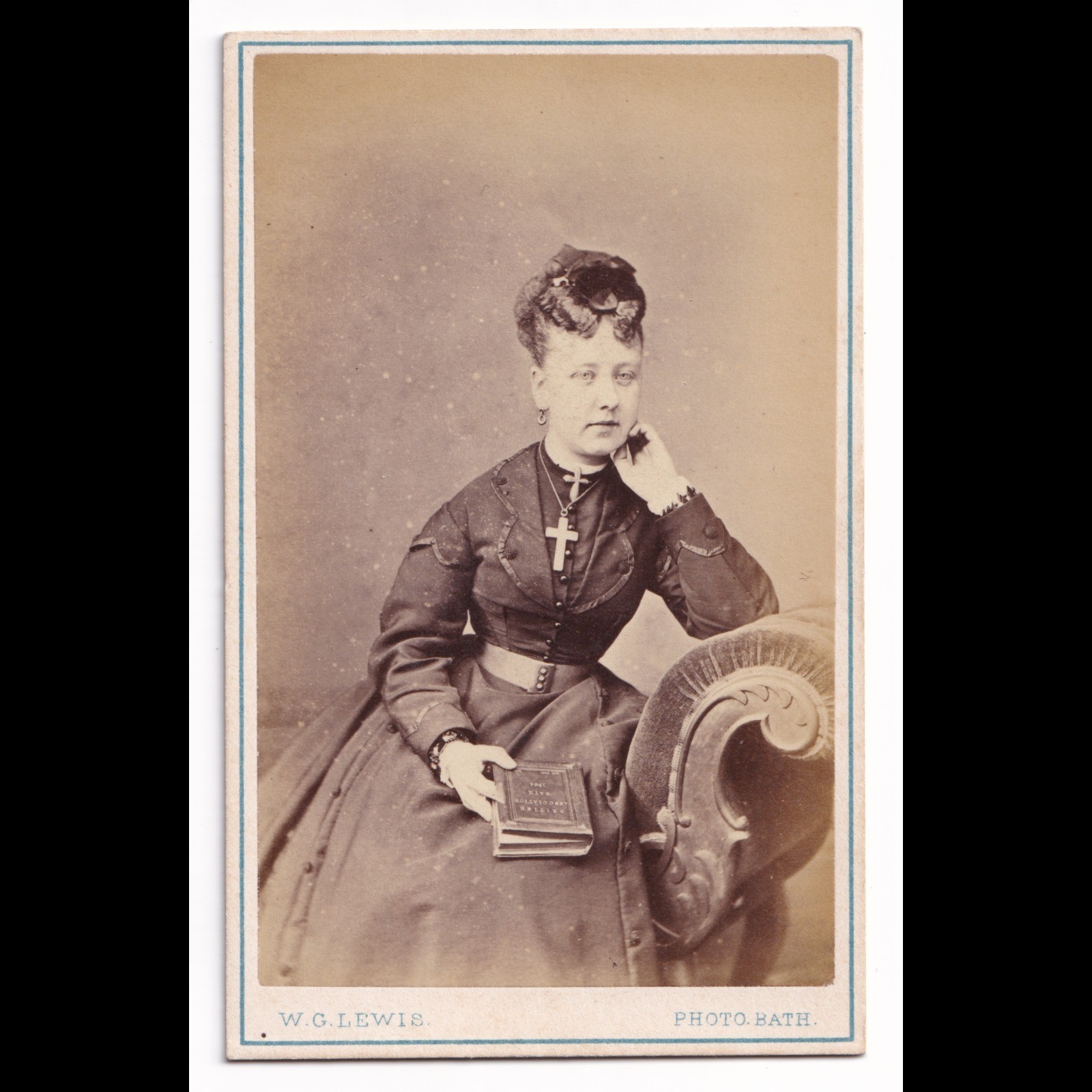 CDV: CDV, Woman Wearing Large Cross, Holding BRITISH ASSOCIATION BATH Book. W.G Lewis: catalogue image 1