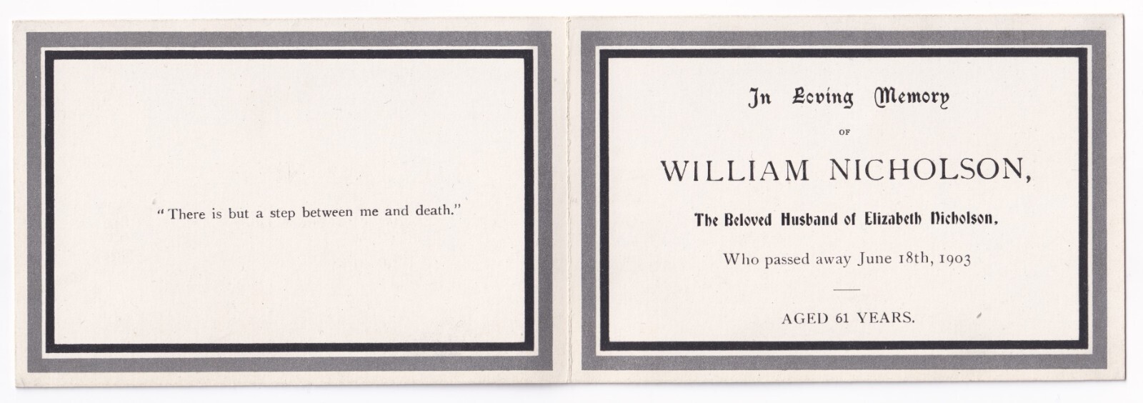 Ephemera: Memorial Card, 1903, William Nicholson, Husband of Elizabeth Nicholson.: catalogue image 2