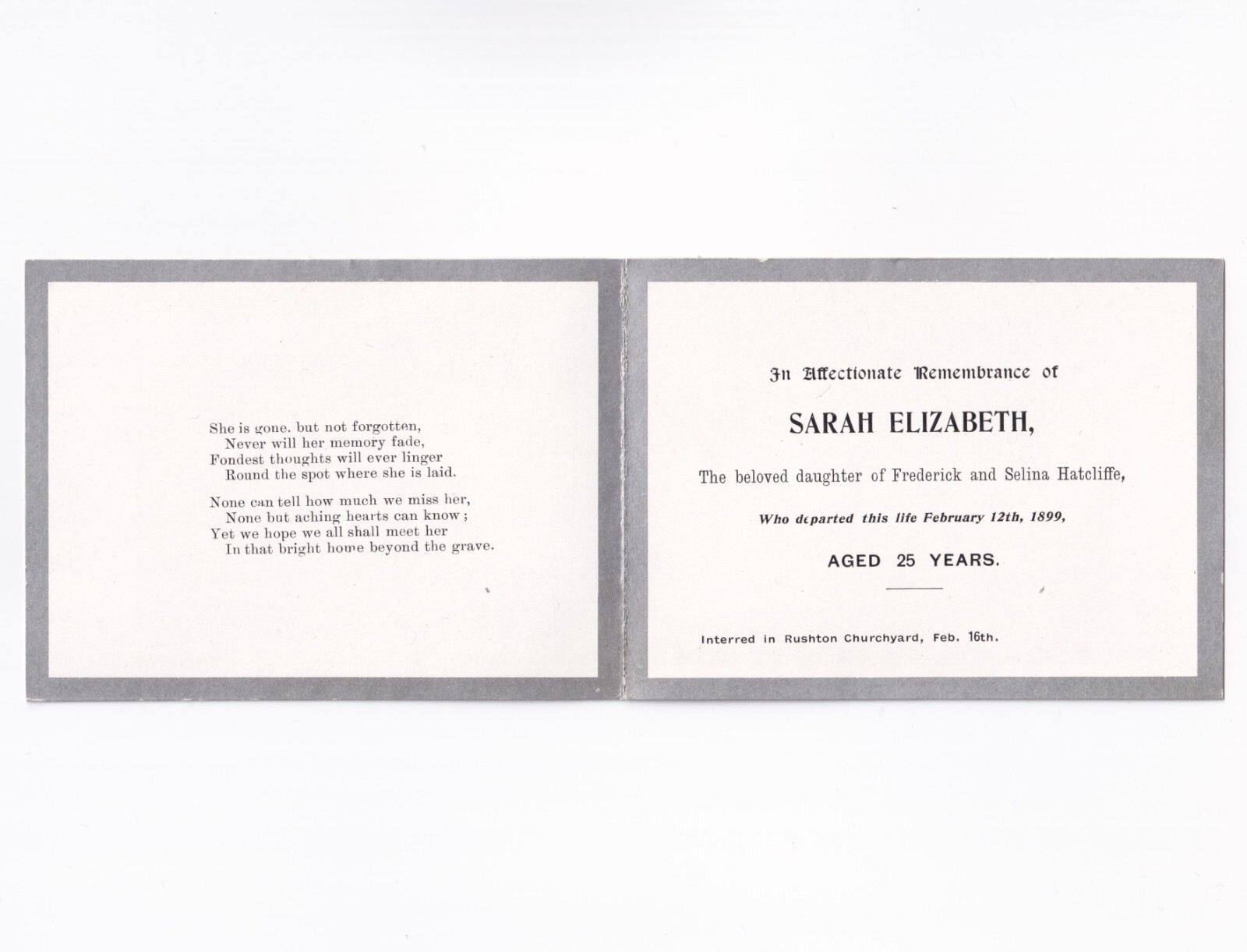 Ephemera: Memorial Card, Sarah Elizabeth 1899, Daughter of Frederick, Selina Hatcliffe.: catalogue image 2