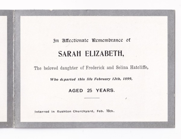 Ephemera: Memorial Card, Sarah Elizabeth 1899, Daughter of Frederick, Selina Hatcliffe.: catalogue image 1