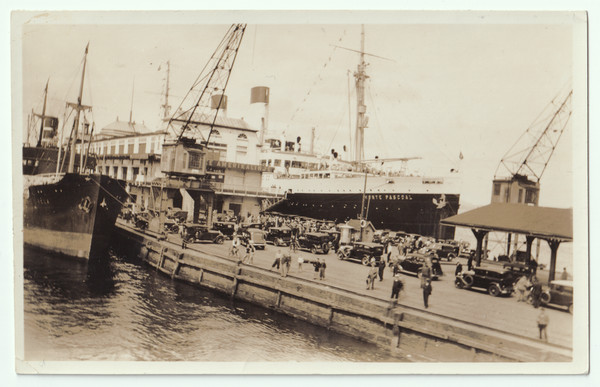 Photograph: Old Photograph, Dock Scene with Ship Monte Pascoal and Period Automobiles.: catalogue image 1