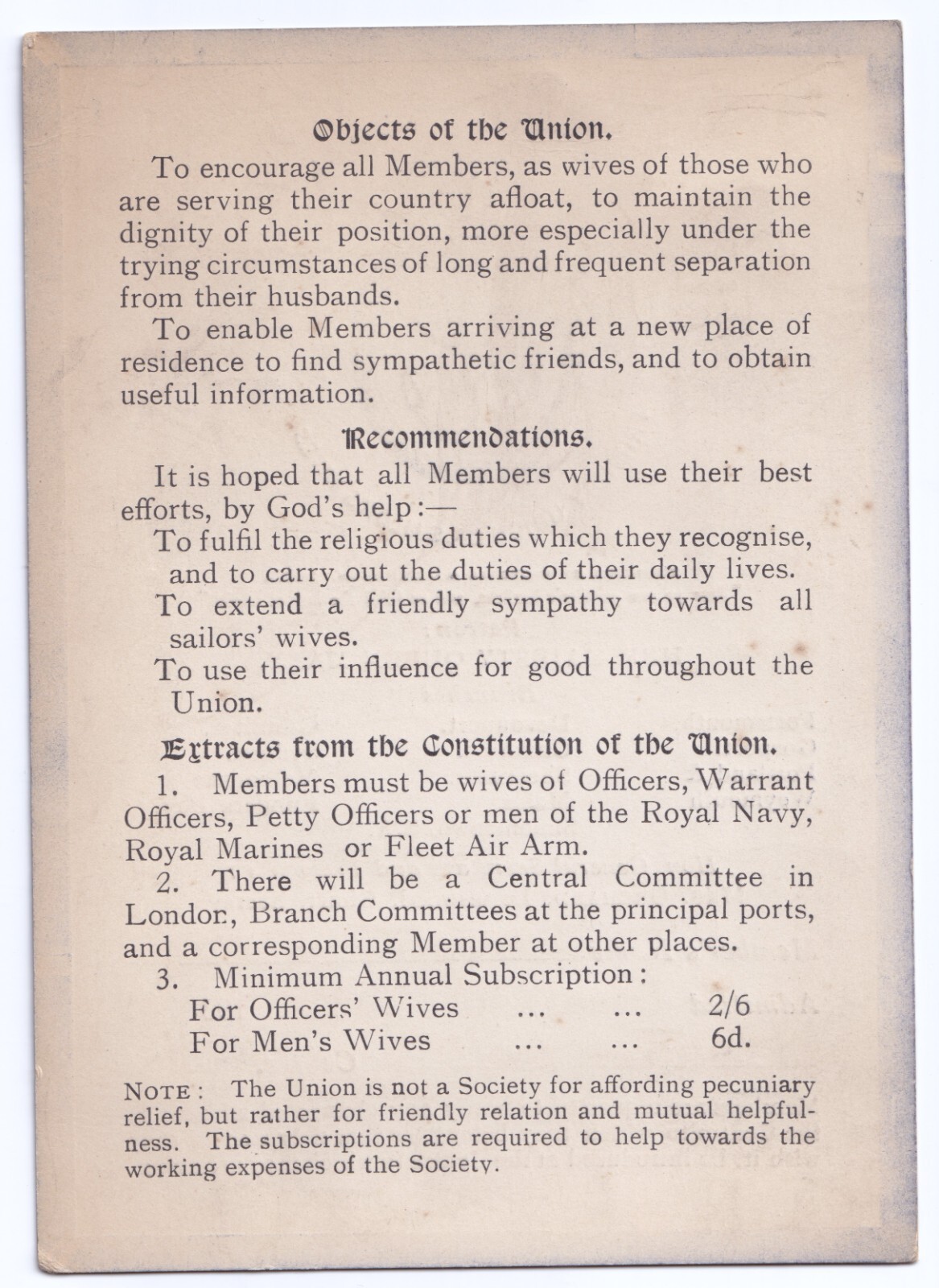 Ephemera: Royal Naval Friendly Union of Sailors Wives Card, 1939, Portsmouth.: catalogue image 2