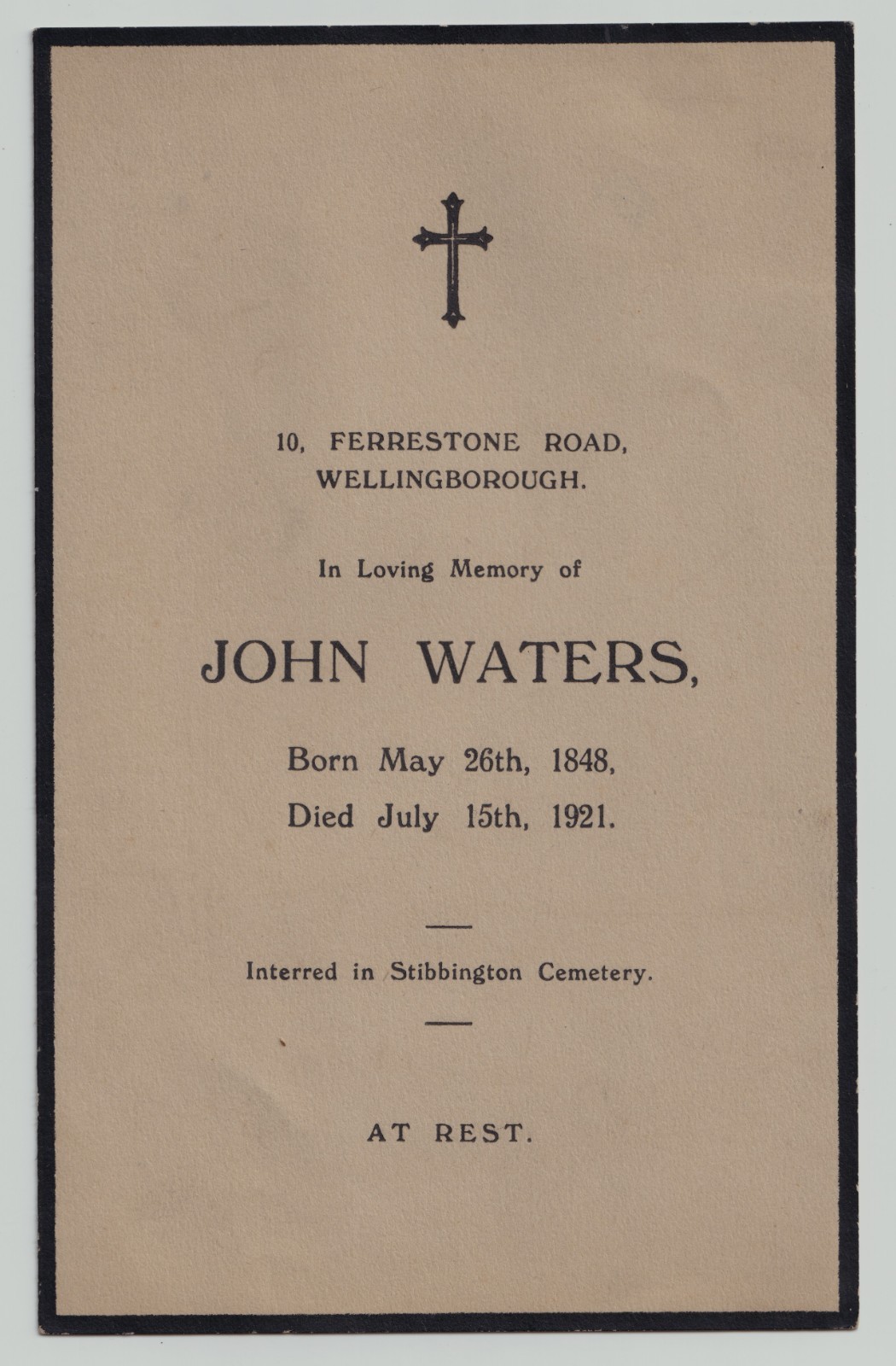 Photograph: Wellingborough Interest: Memorial Card, John Waters, Born 1848, Died 1921.: Waters, Wellingborough, Northamptonshire, UK: catalogue image 1