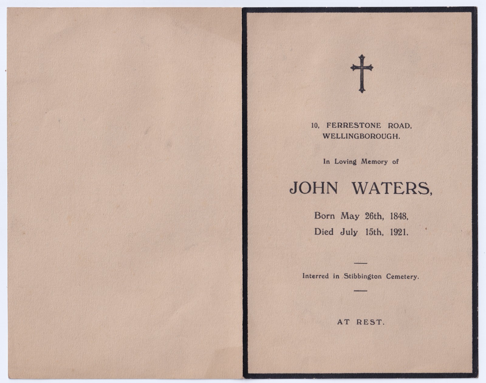 Photograph: Wellingborough Interest: Memorial Card, John Waters, Born 1848, Died 1921.: Waters, Wellingborough, Northamptonshire, UK: catalogue image 3