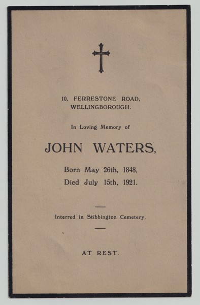 Photograph: Wellingborough Interest: Memorial Card, John Waters, Born 1848, Died 1921.: Waters, Wellingborough, Northamptonshire, UK: catalogue image 1