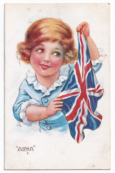 Postcard: ALPHA Postcard: Girl with Union Jack Flag, Patriotic British. No 3030: catalogue image 1
