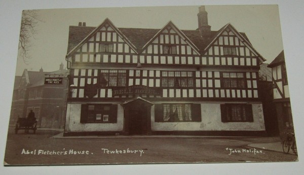 Postcard: Old Postcard ABEL FLETCHER'S HOUSE TEWKESBURY. Bell Hotel, Early Real Photograph: catalogue image 1