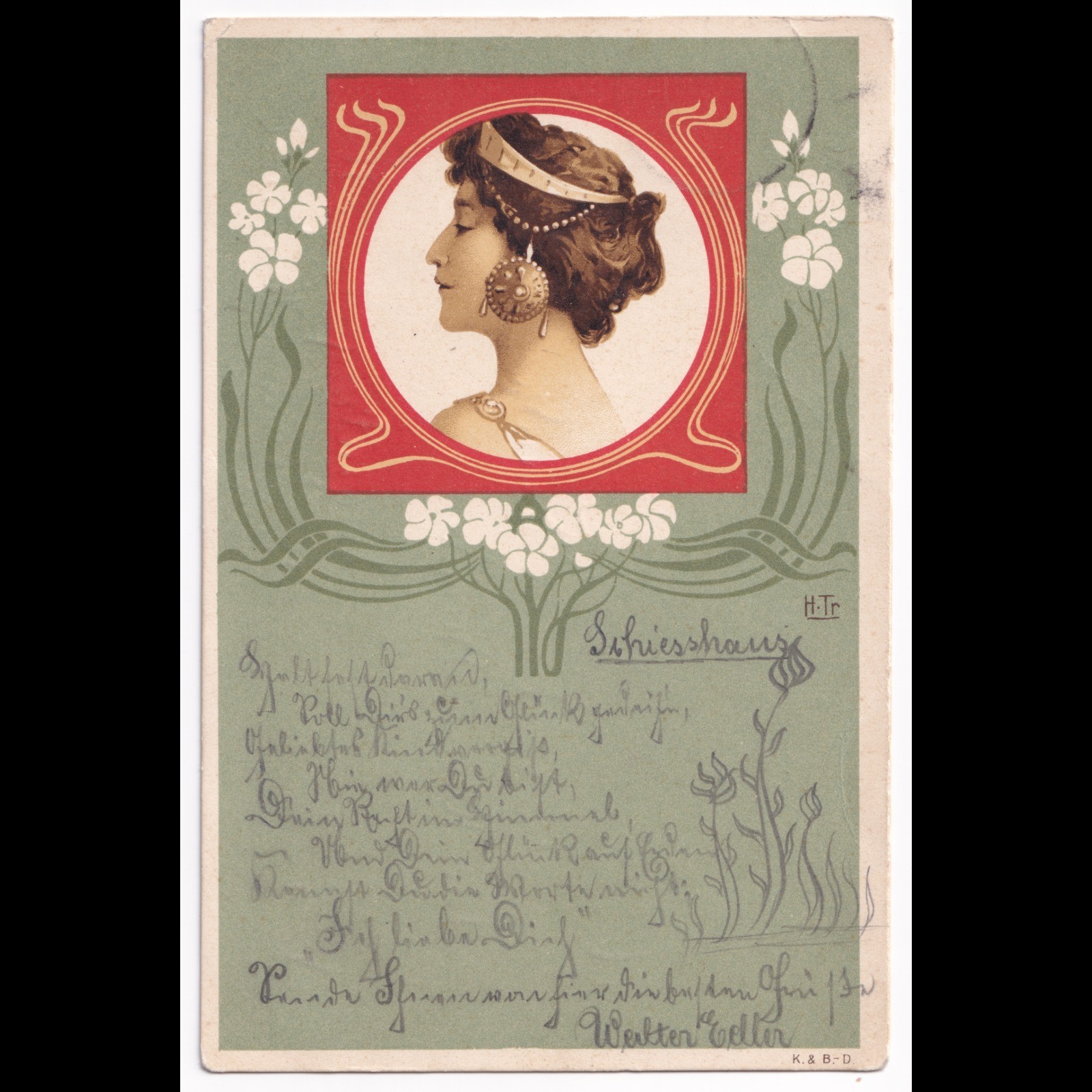 Postcard: Postcard: Art Nouveau, Beautiful Profile Portrait of a Woman. H.Tr - K. & B-D: catalogue image 1