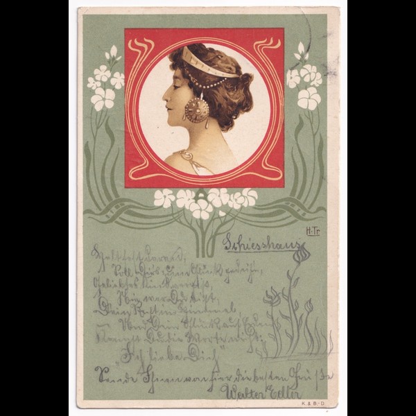 Postcard: Postcard: Art Nouveau, Beautiful Profile Portrait of a Woman. H.Tr - K. & B-D: catalogue image 1