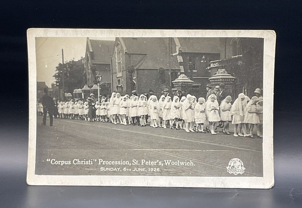 Postcard: Postcard, Corpus Christi Procession St Peter’s, Woolwich, 1926, Real Photo.: catalogue image 1