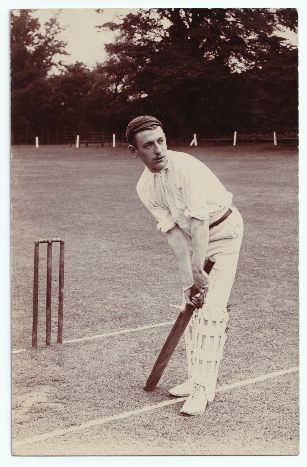 Postcard: Postcard, Cricket Player in Kit on Field waiting to Bat. Real Photograph.: catalogue image 1
