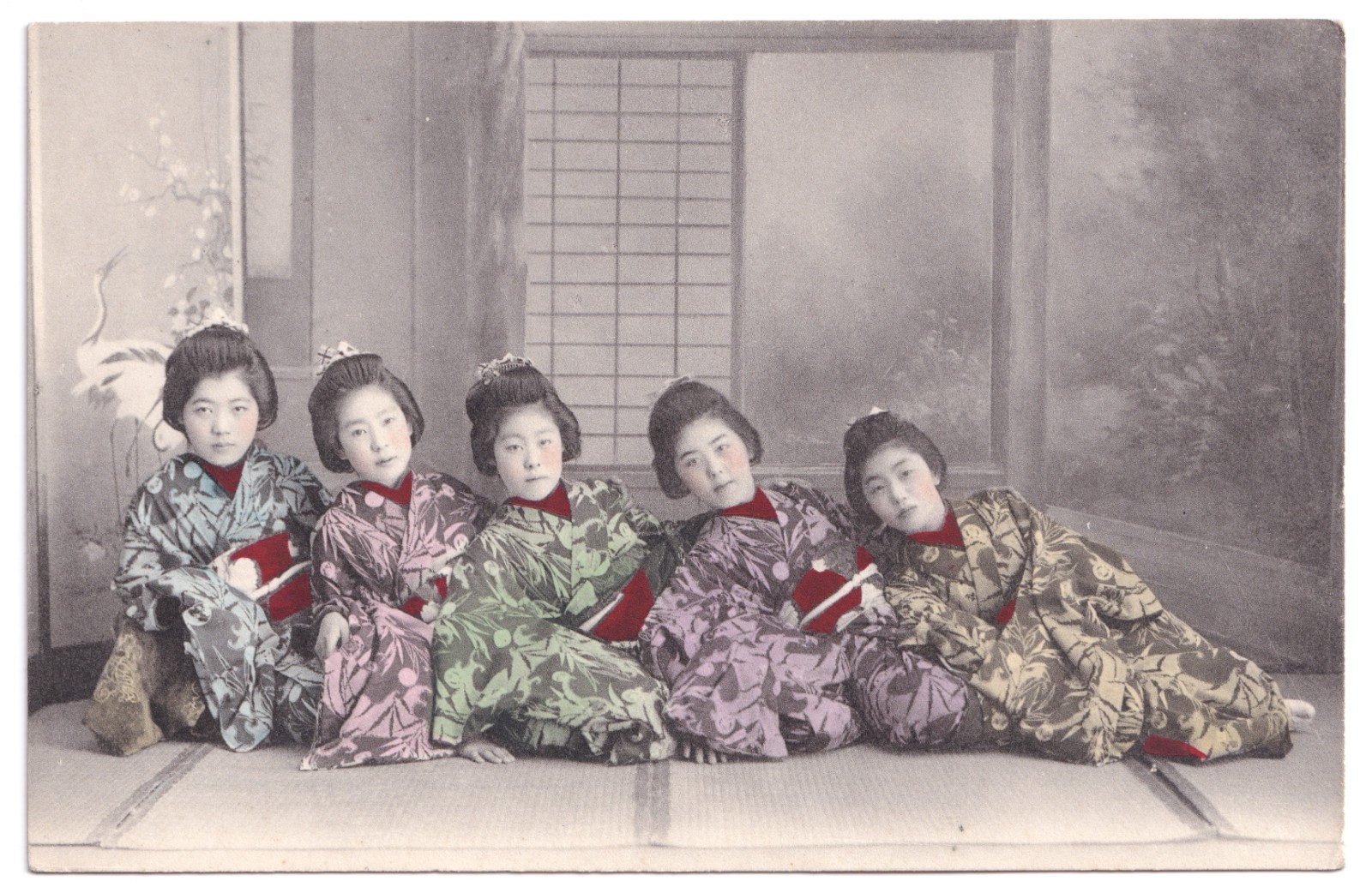 Postcard: Postcard, Five Japanese Females in Graduated Reclining Pose, Hand Tinted.: catalogue image 1