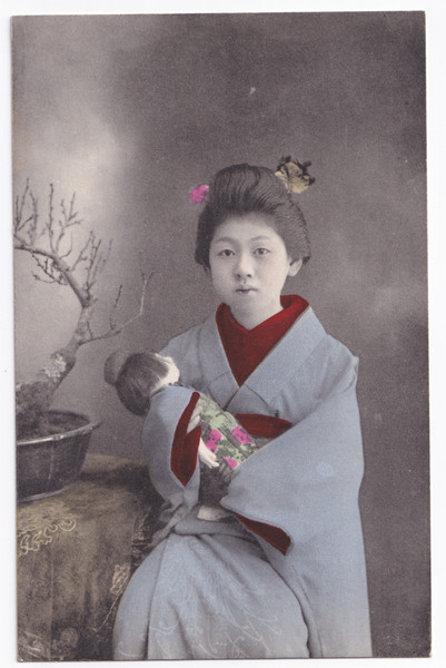 Postcard: Postcard, Japanese Female Holding A Doll, Hand Tinted.: catalogue image 1