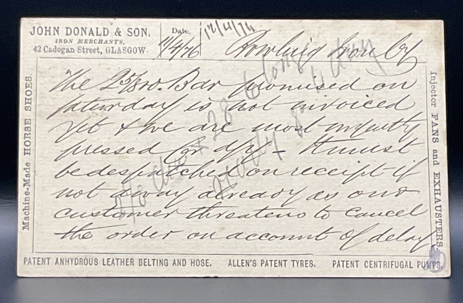 Postcard: Postcard, John Donald & Son, Iron Merchants, Cadogan Street, Glasgow, 1876: catalogue image 1