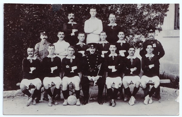 Postcard: Postcard: Military / Army Football Team and Soldiers in Uniform, Real Photograph: catalogue image 1